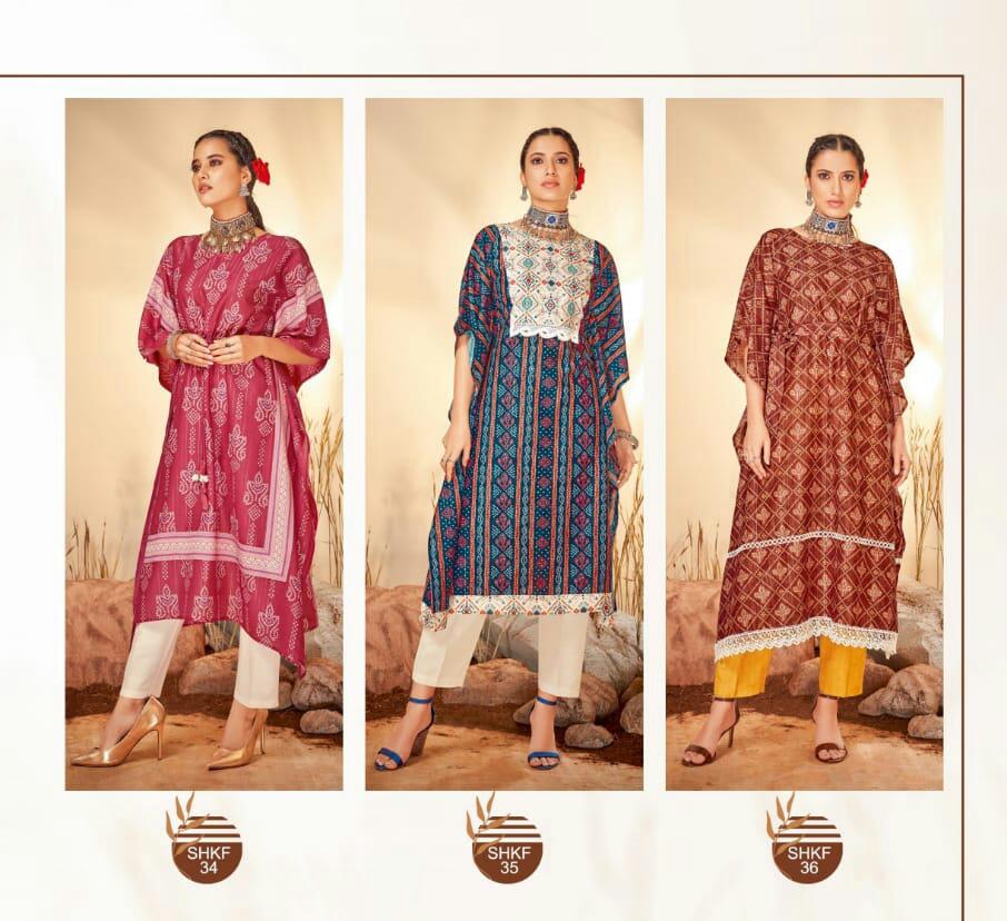 Shichi Kaya Kaftan Festive Wear Masleen Printed Kurti With Bottom Collection
